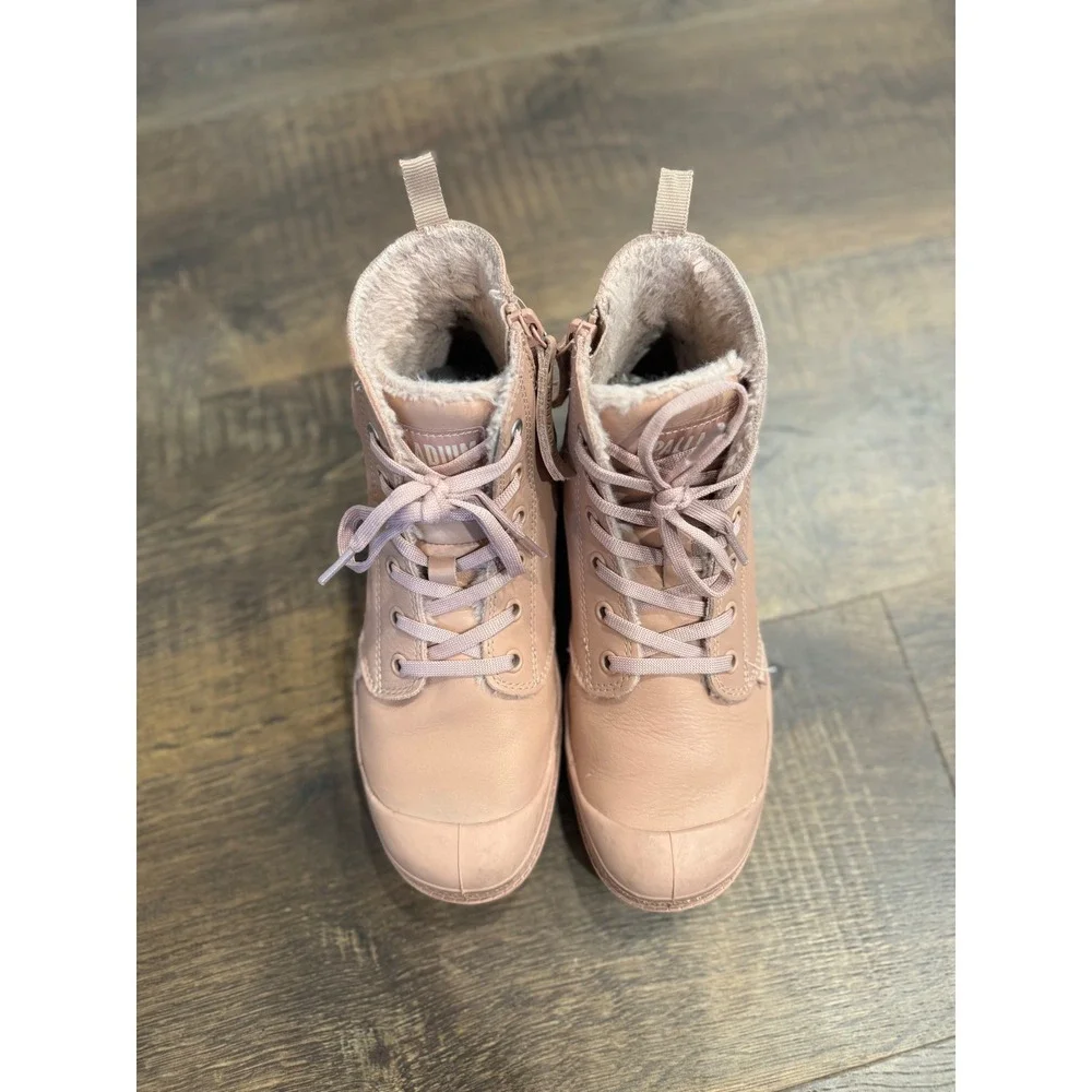 Palladium Boots Leather Fur Lined Ankle‎ Booties Lace Up Pink